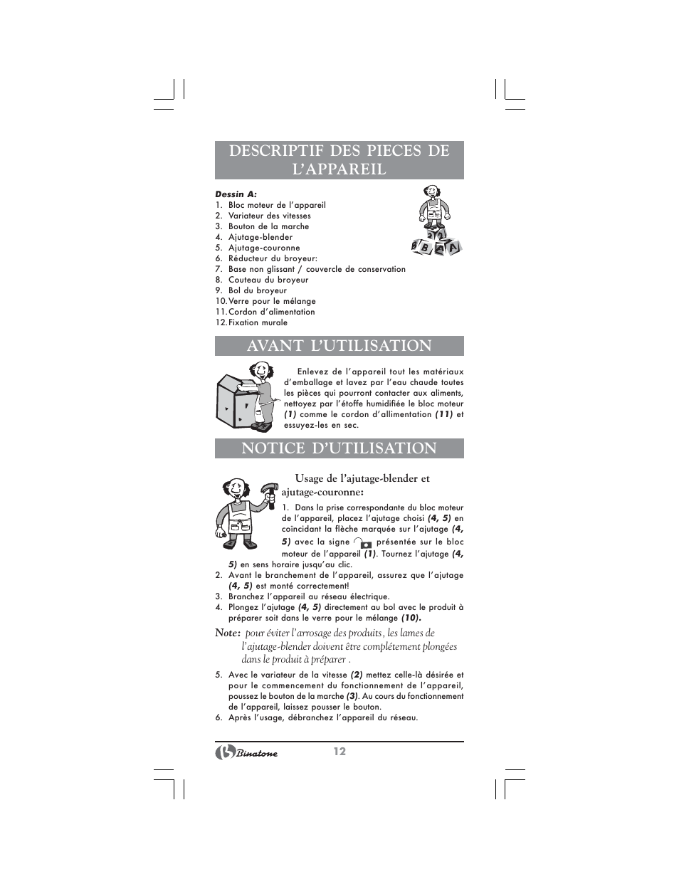 Descriptif des pieces de l’appareil, Avant l’utilisation, Notice d’utilisation | Binatone NHB-7705 User Manual | Page 12 / 32