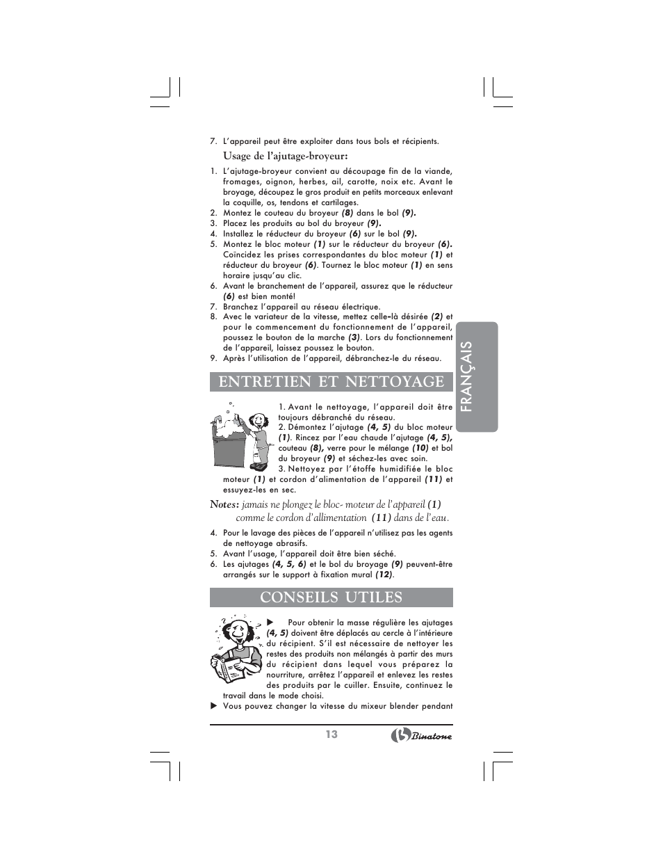 Français, Entretien et nettoyage, Conseils utiles | Binatone NHB-7705 User Manual | Page 13 / 32