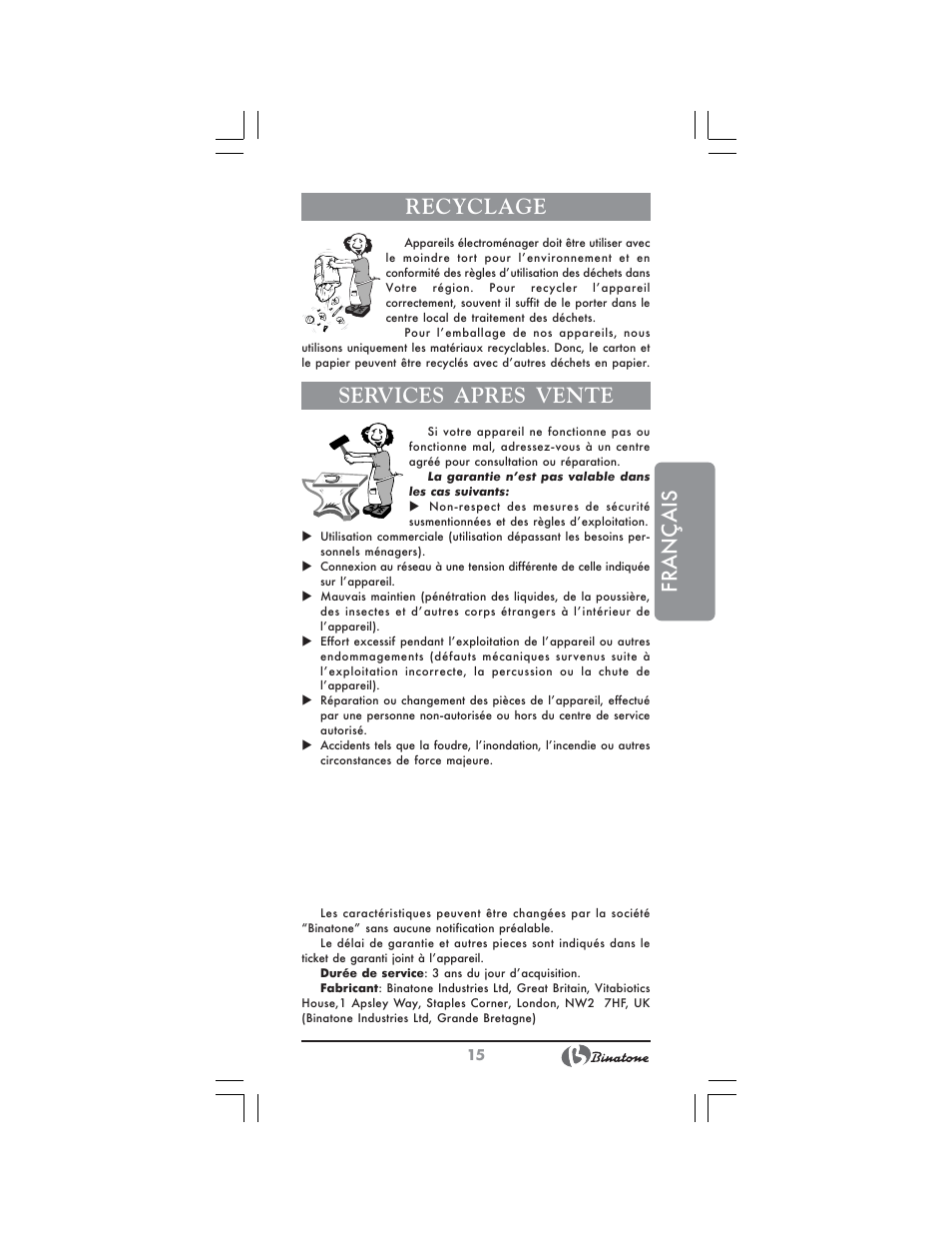Français recyclage, Services apres vente | Binatone NHB-7705 User Manual | Page 15 / 32