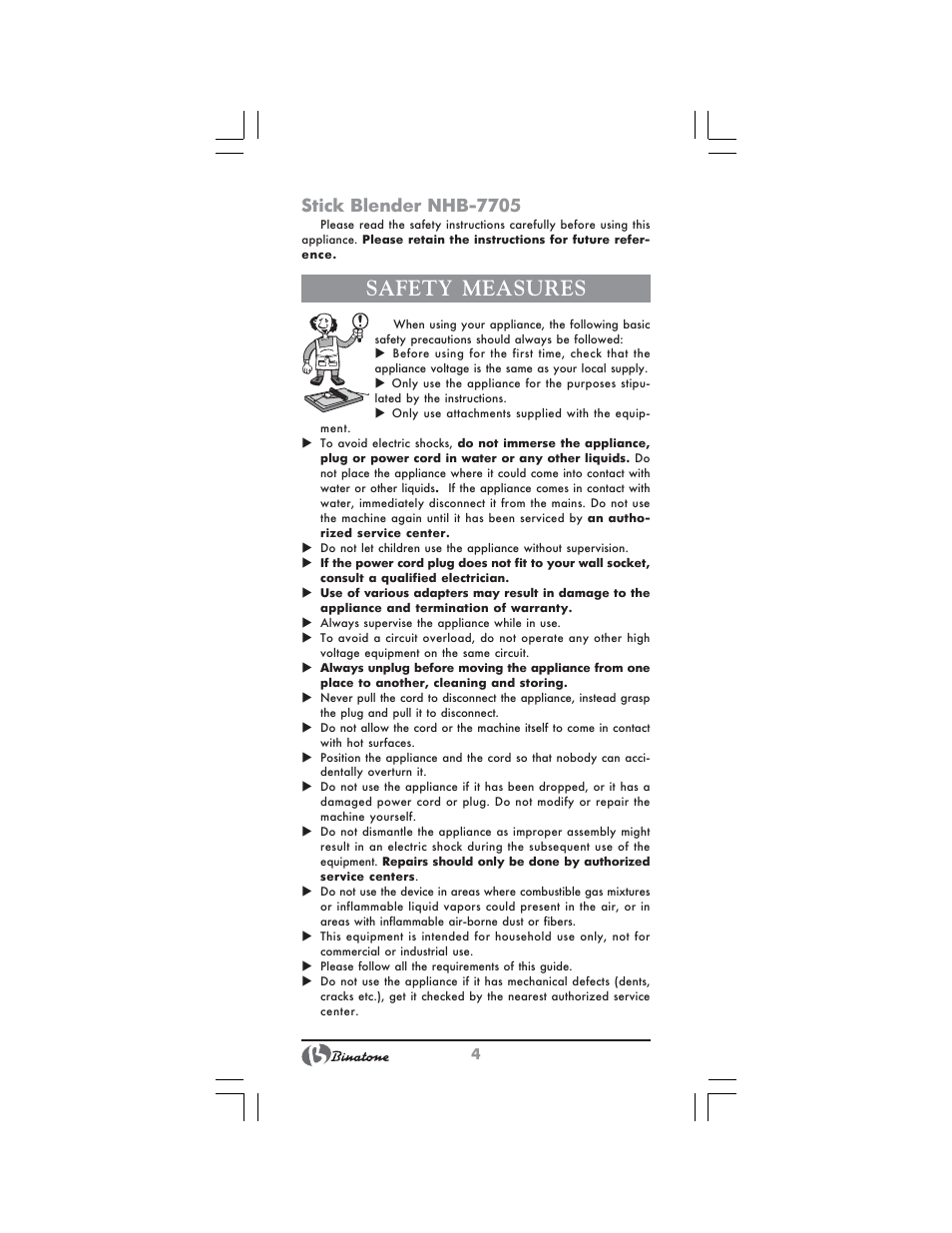 Safety measures, Stick blender nhb 7705 | Binatone NHB-7705 User Manual | Page 4 / 32