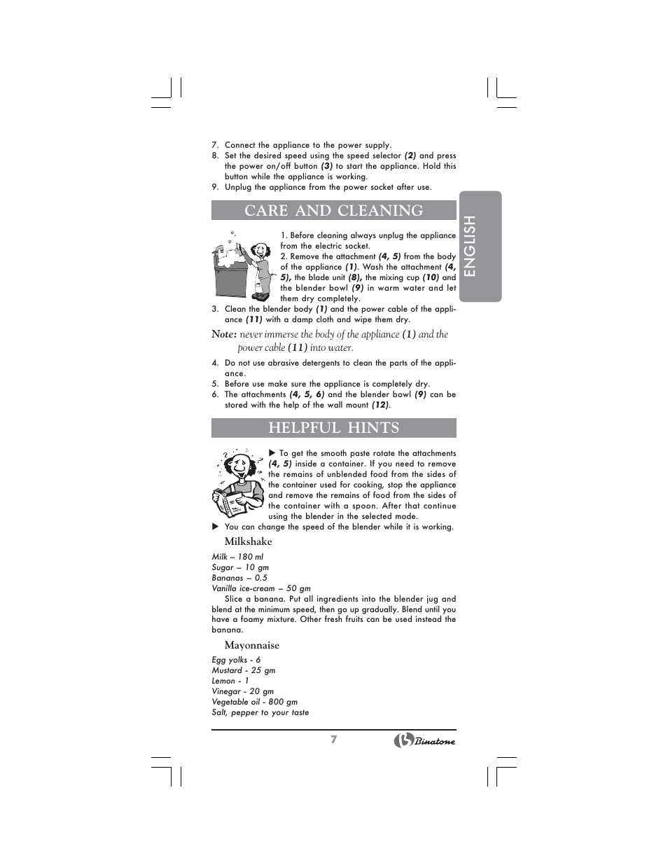 English, Care and cleaning, Helpful hints | Binatone NHB-7705 User Manual | Page 7 / 32