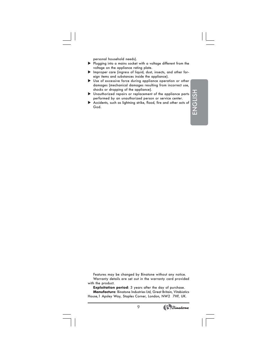 English | Binatone NHB-7705 User Manual | Page 9 / 32