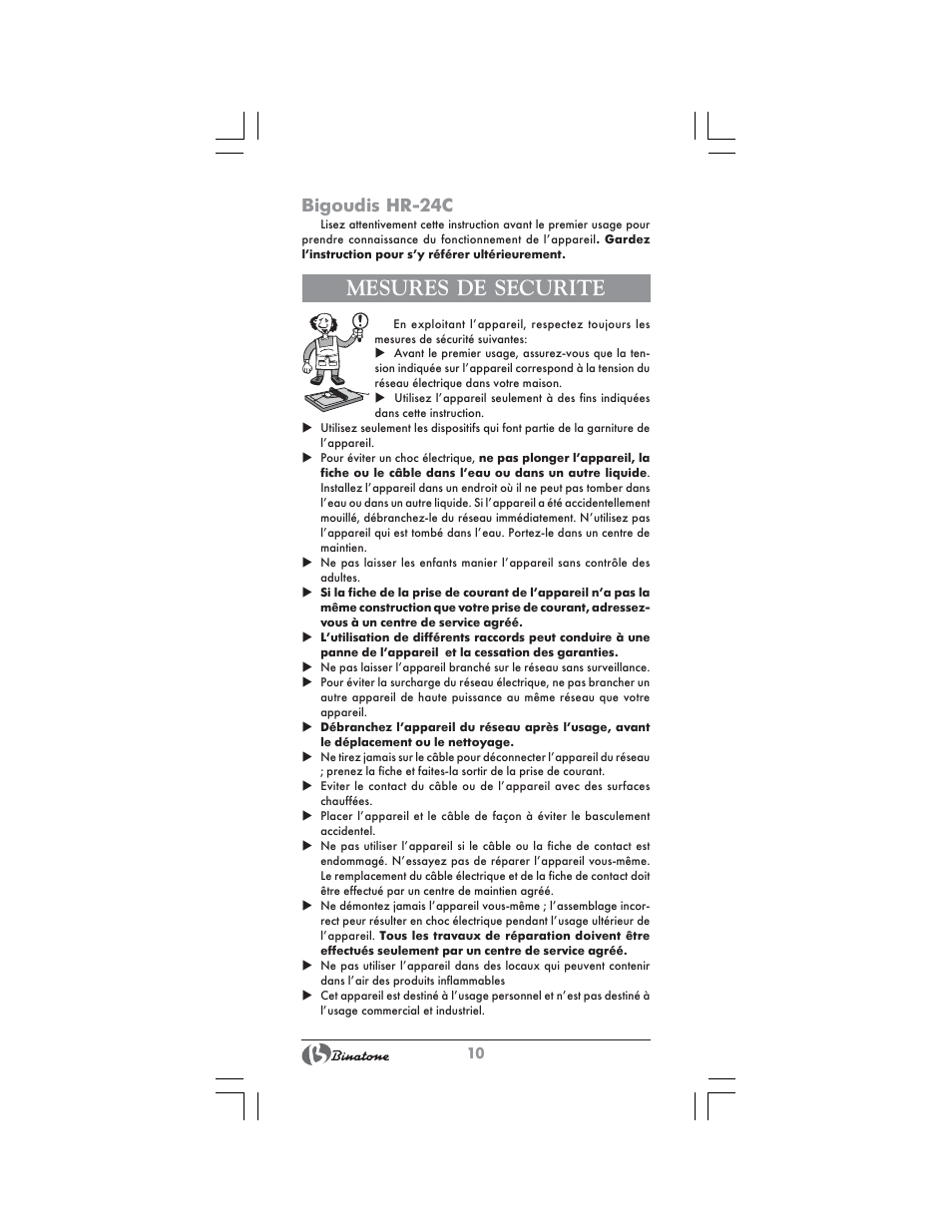 Mesures de securite, Bigoudis hr-24c | Binatone HR-24C User Manual | Page 10 / 28