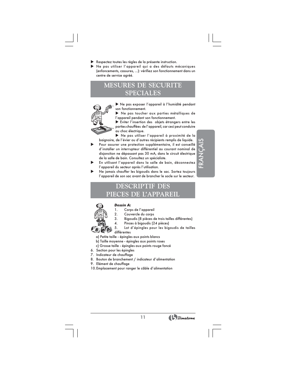 Français, Mesures de securite speciales, Descriptif des pieces de l’appareil | Binatone HR-24C User Manual | Page 11 / 28