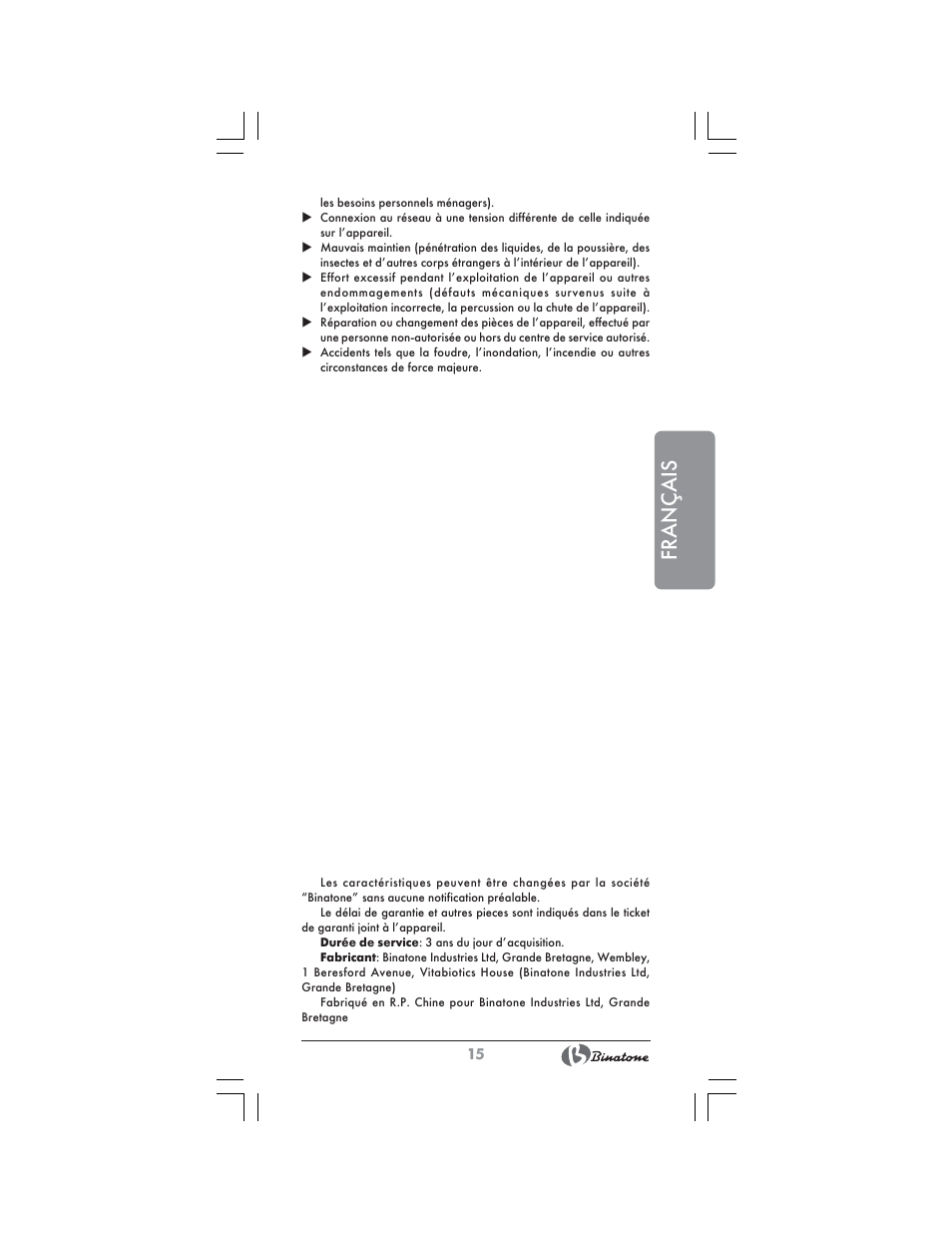 Français | Binatone HR-24C User Manual | Page 15 / 28