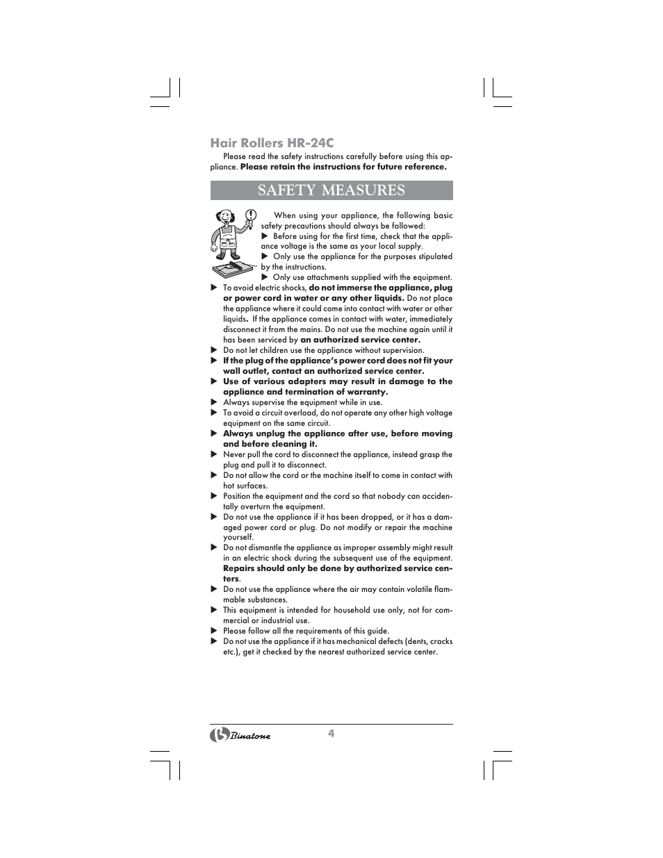 Safety measures, Hair rollers hr-24c | Binatone HR-24C User Manual | Page 4 / 28