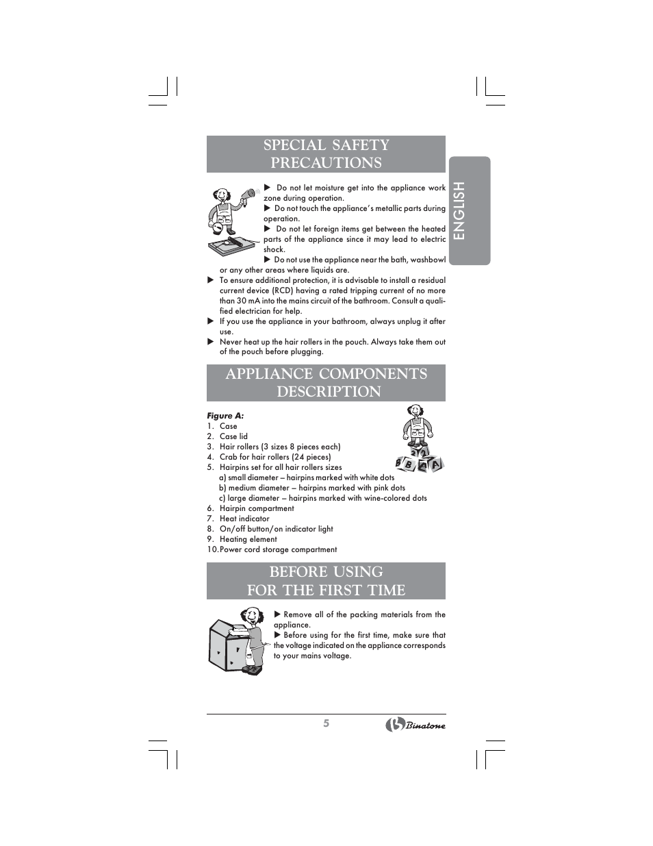 English special safety precautions, Appliance components description, Before using for the first time | Binatone HR-24C User Manual | Page 5 / 28