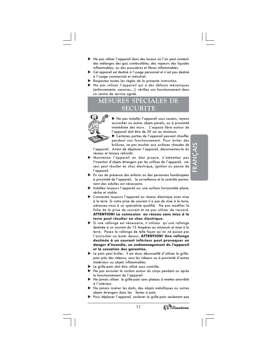 Français, Mesures speciales de securite | Binatone MRT-8802 User Manual | Page 11 / 28