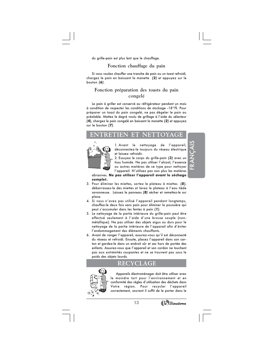 Français, Entretien et nettoyage, Recyclage | Binatone MRT-8802 User Manual | Page 13 / 28