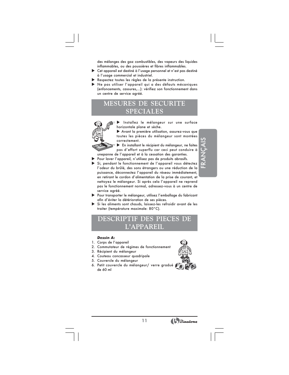 Français, Mesures de securite speciales, Descriptif des pieces de l’appareil | Binatone SGB-9903 User Manual | Page 11 / 34