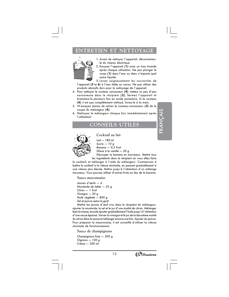 Français entretien et nettoyage, Conseils utiles | Binatone SGB-9903 User Manual | Page 13 / 34