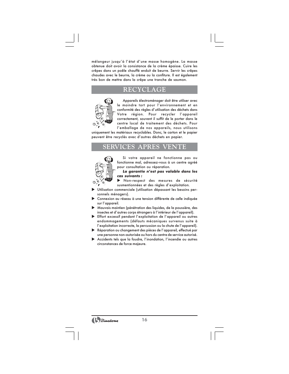 Recyclage, Services apres vente | Binatone SGB-9903 User Manual | Page 16 / 34
