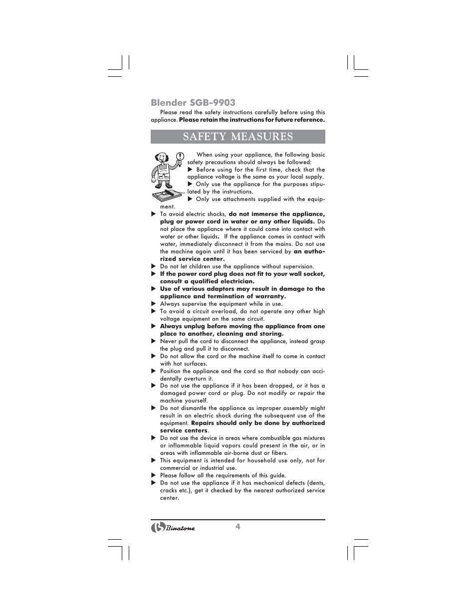 Safety measures, Blender sgb-9903 | Binatone SGB-9903 User Manual | Page 4 / 34