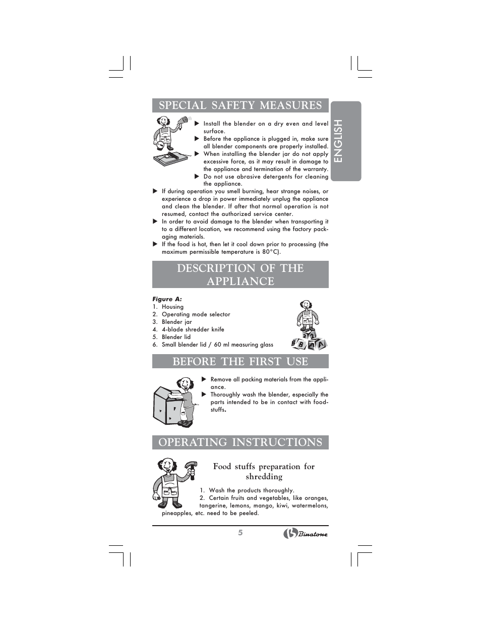 English special safety measures, Description of the appliance, Before the first use | Operating instructions | Binatone SGB-9903 User Manual | Page 5 / 34