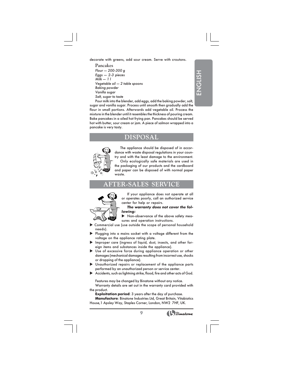 English, Disposal, After-sales service | Binatone SGB-9903 User Manual | Page 9 / 34