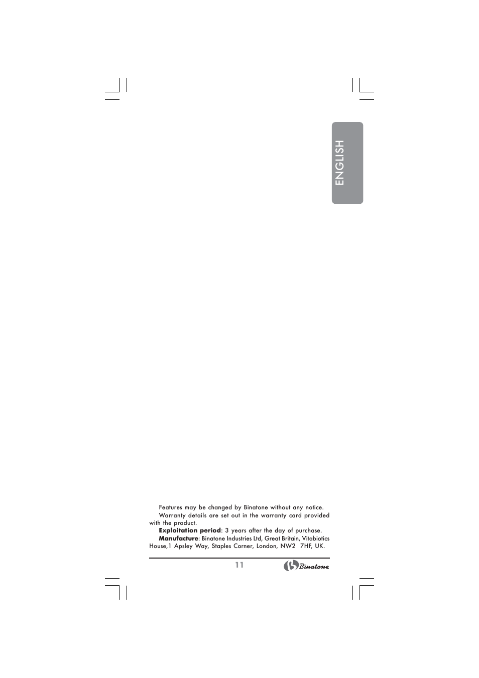 English | Binatone BS-8045 User Manual | Page 11 / 36