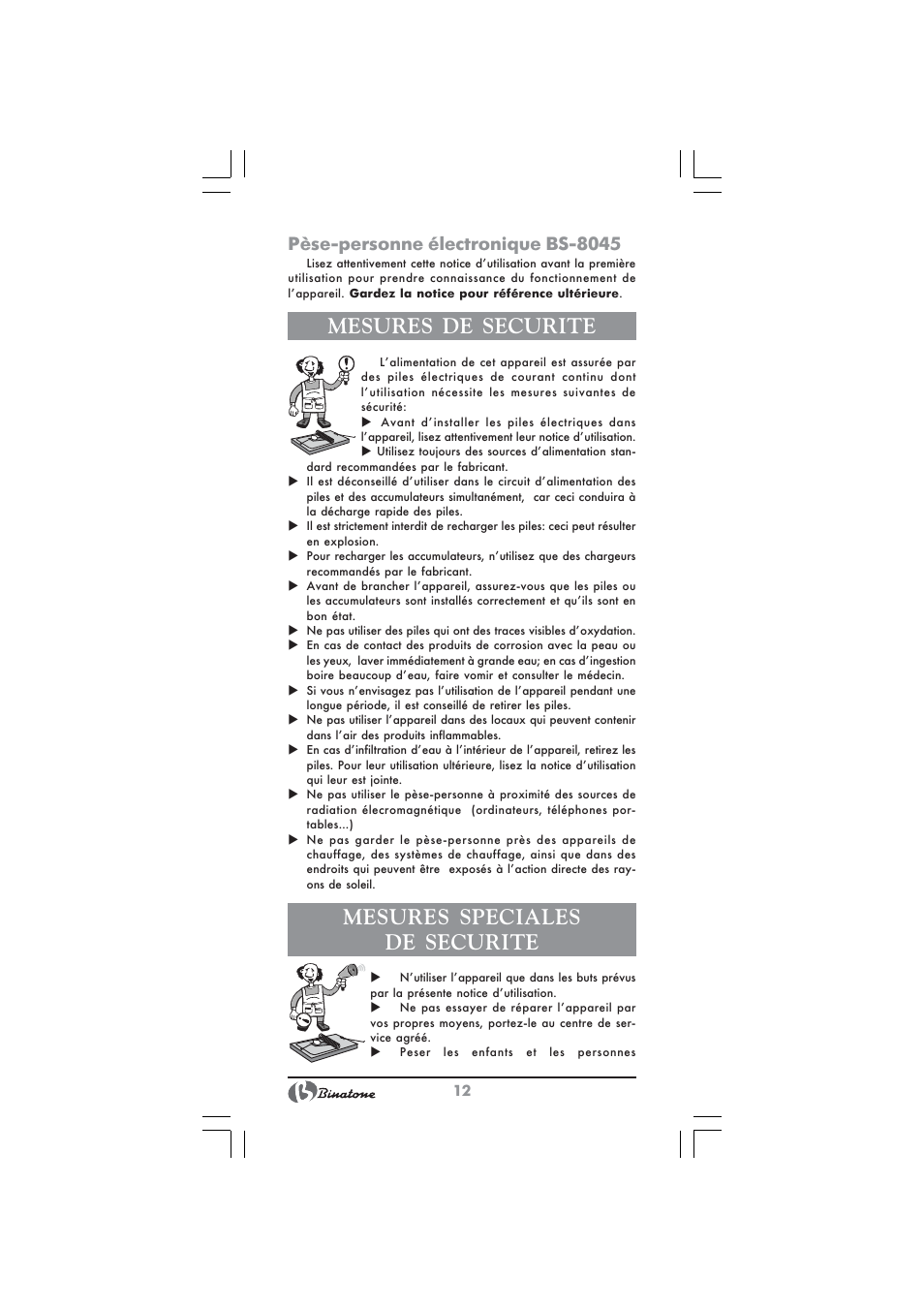 Mesures de securite, Mesures speciales de securite, Pèse-personne électronique bs-8045 | Binatone BS-8045 User Manual | Page 12 / 36