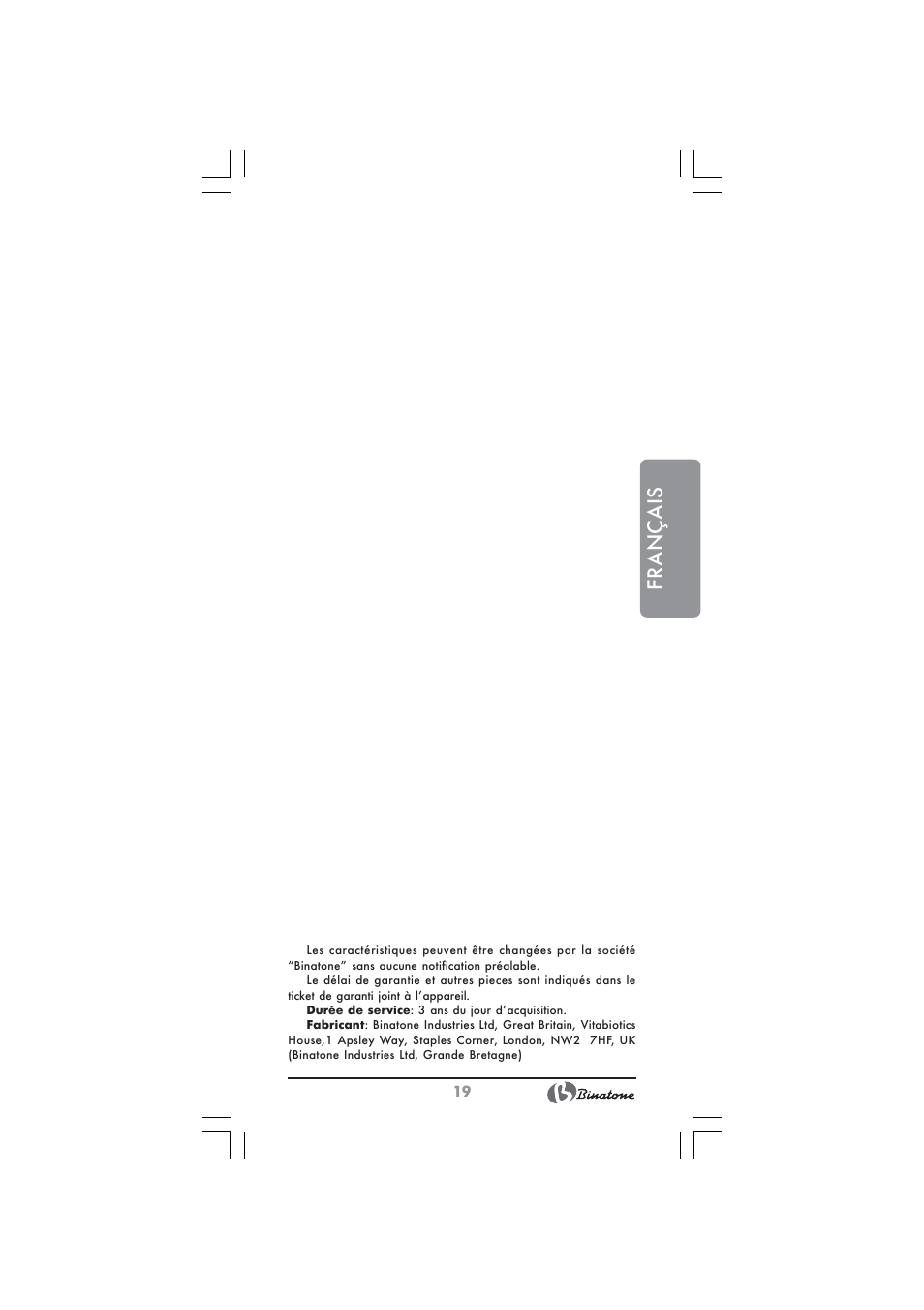 Français | Binatone BS-8045 User Manual | Page 19 / 36