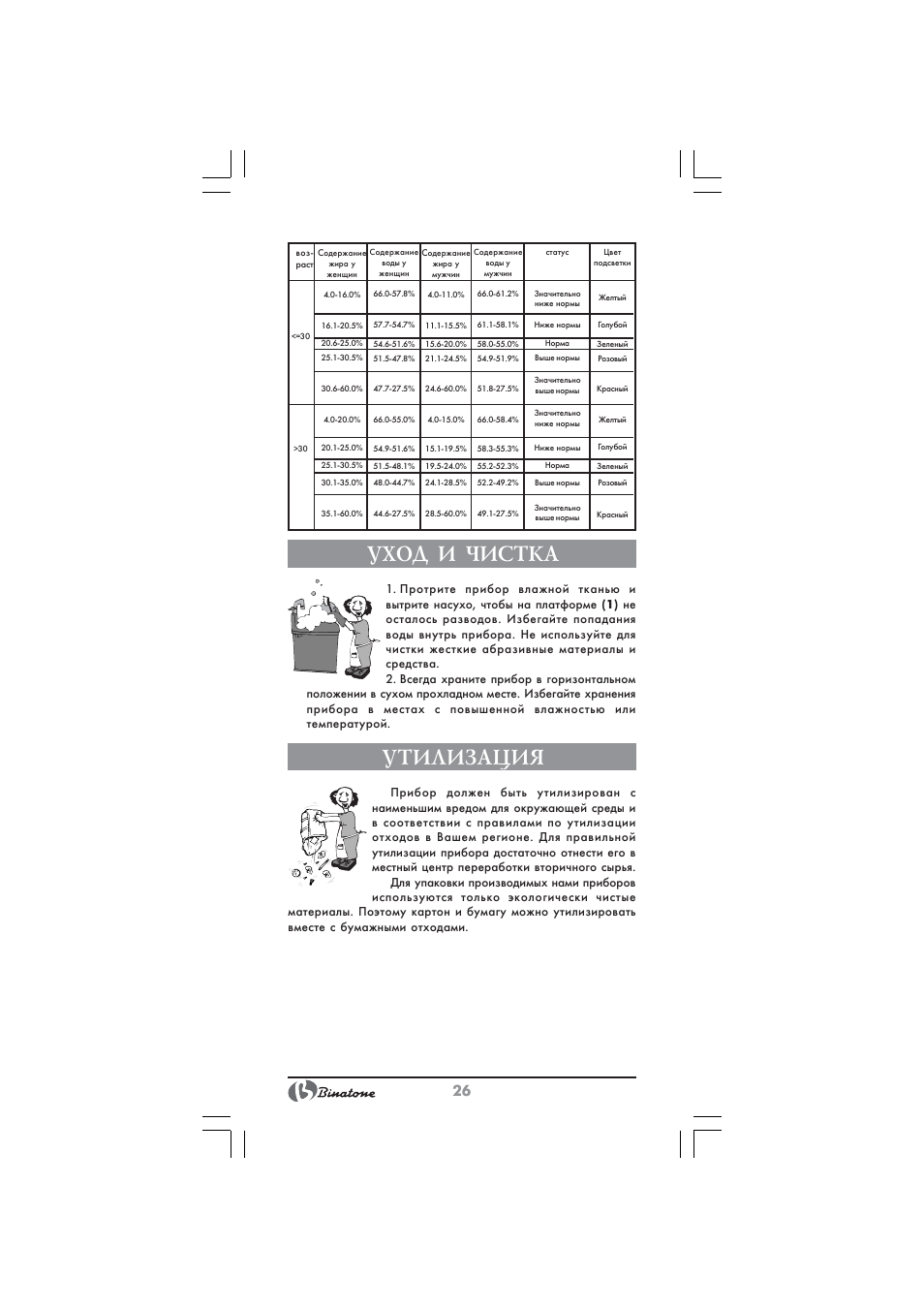 Уход и чистка, Утилизация | Binatone BS-8045 User Manual | Page 26 / 36