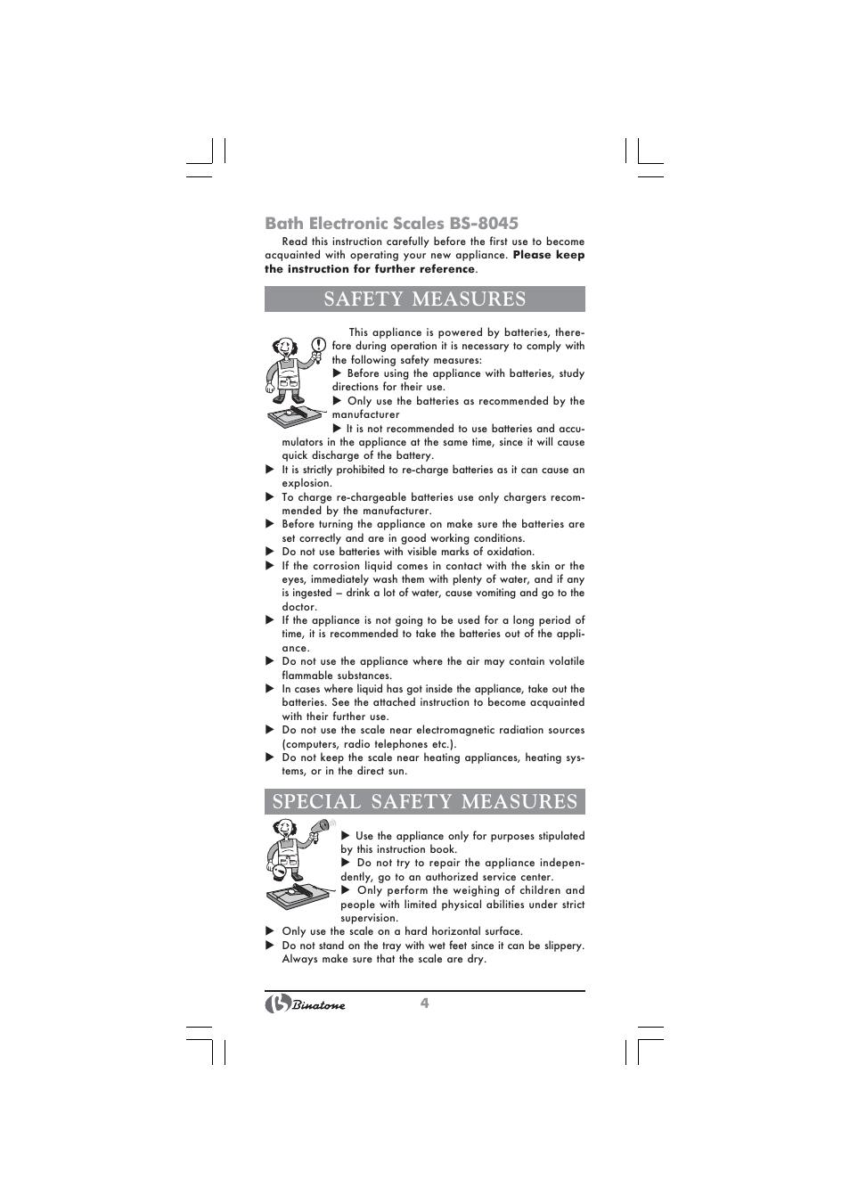 Safety measures, Special safety measures, Bath electronic scales bs 8045 | Binatone BS-8045 User Manual | Page 4 / 36