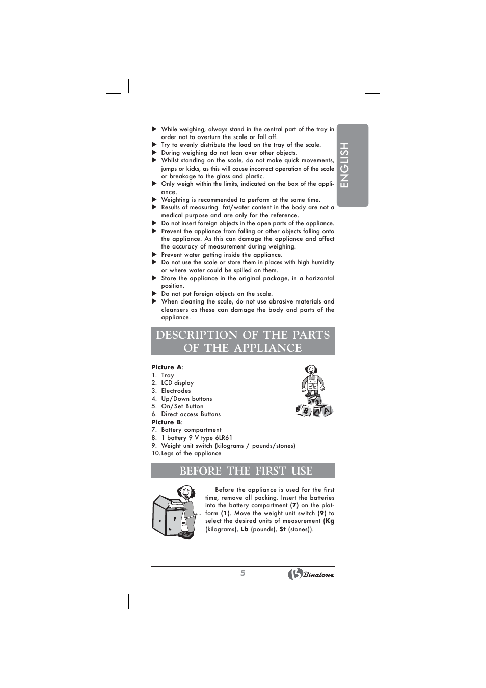 English, Description of the parts of the appliance, Before the first use | Binatone BS-8045 User Manual | Page 5 / 36