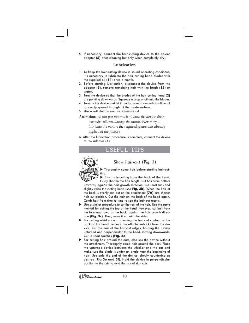 Useful tips, Lubrication, Short hair-cut (fig. 3) | Binatone HC-430 User Manual | Page 10 / 38