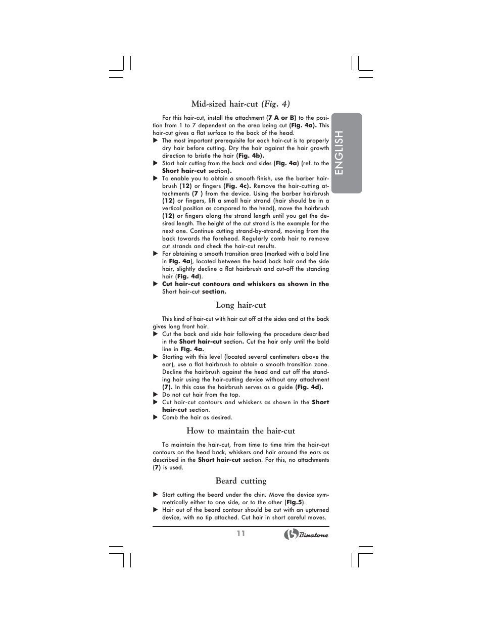 English, Mid-sized hair-cut (fig. 4), Long hair-cut | How to maintain the hair-cut, Beard cutting | Binatone HC-430 User Manual | Page 11 / 38