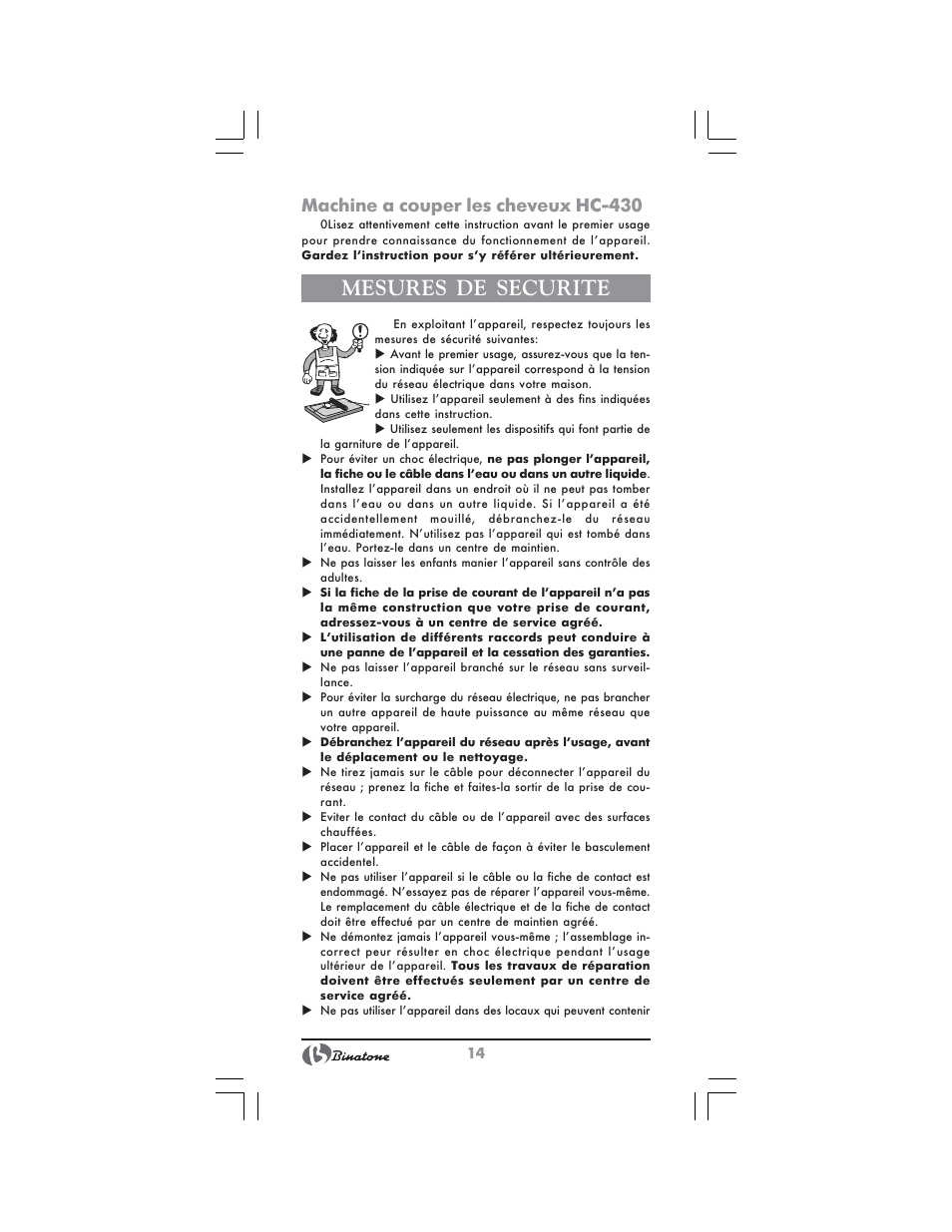 Mesures de securite, Machine а couper les cheveux hc 430 | Binatone HC-430 User Manual | Page 14 / 38