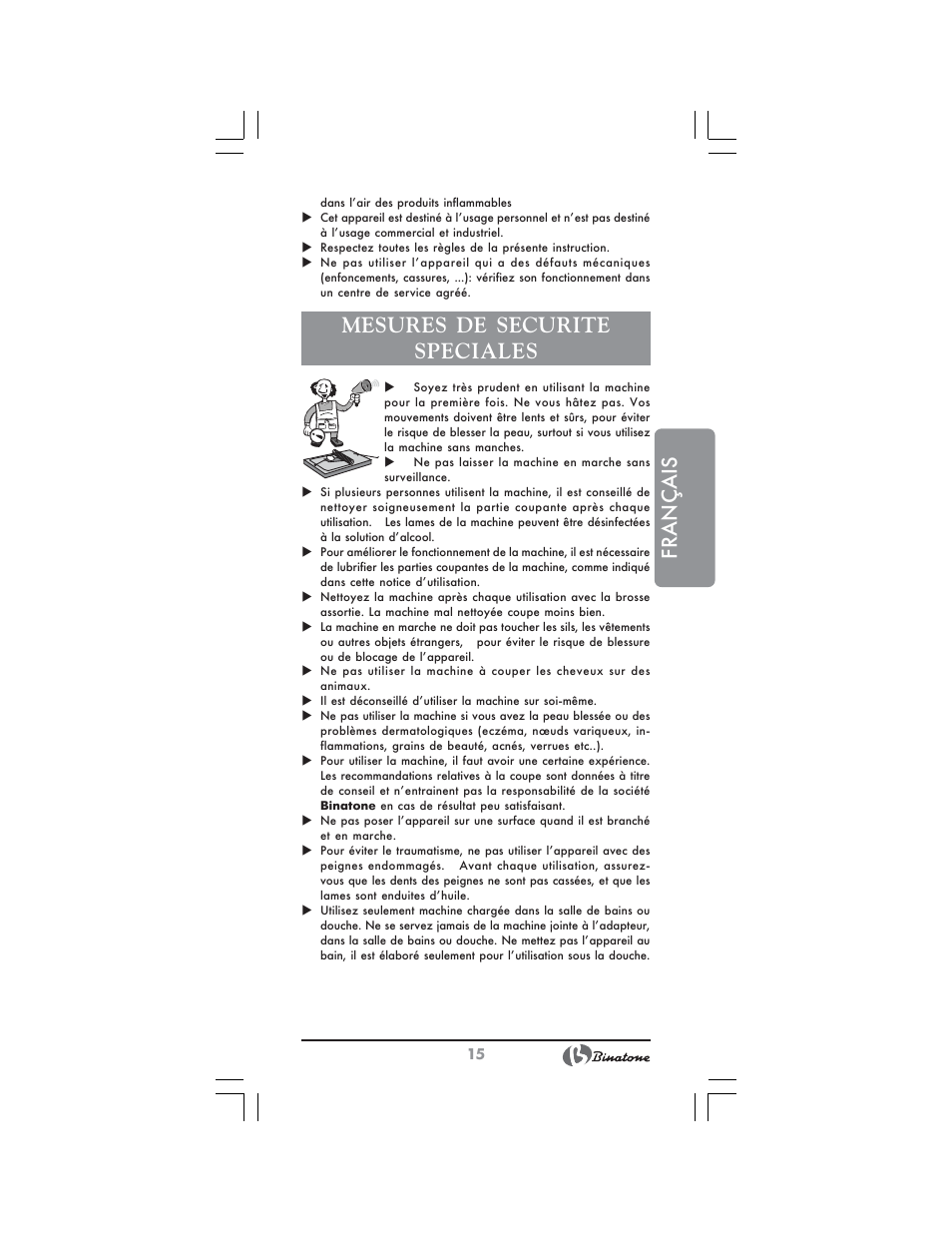 Français, Mesures de securite speciales | Binatone HC-430 User Manual | Page 15 / 38