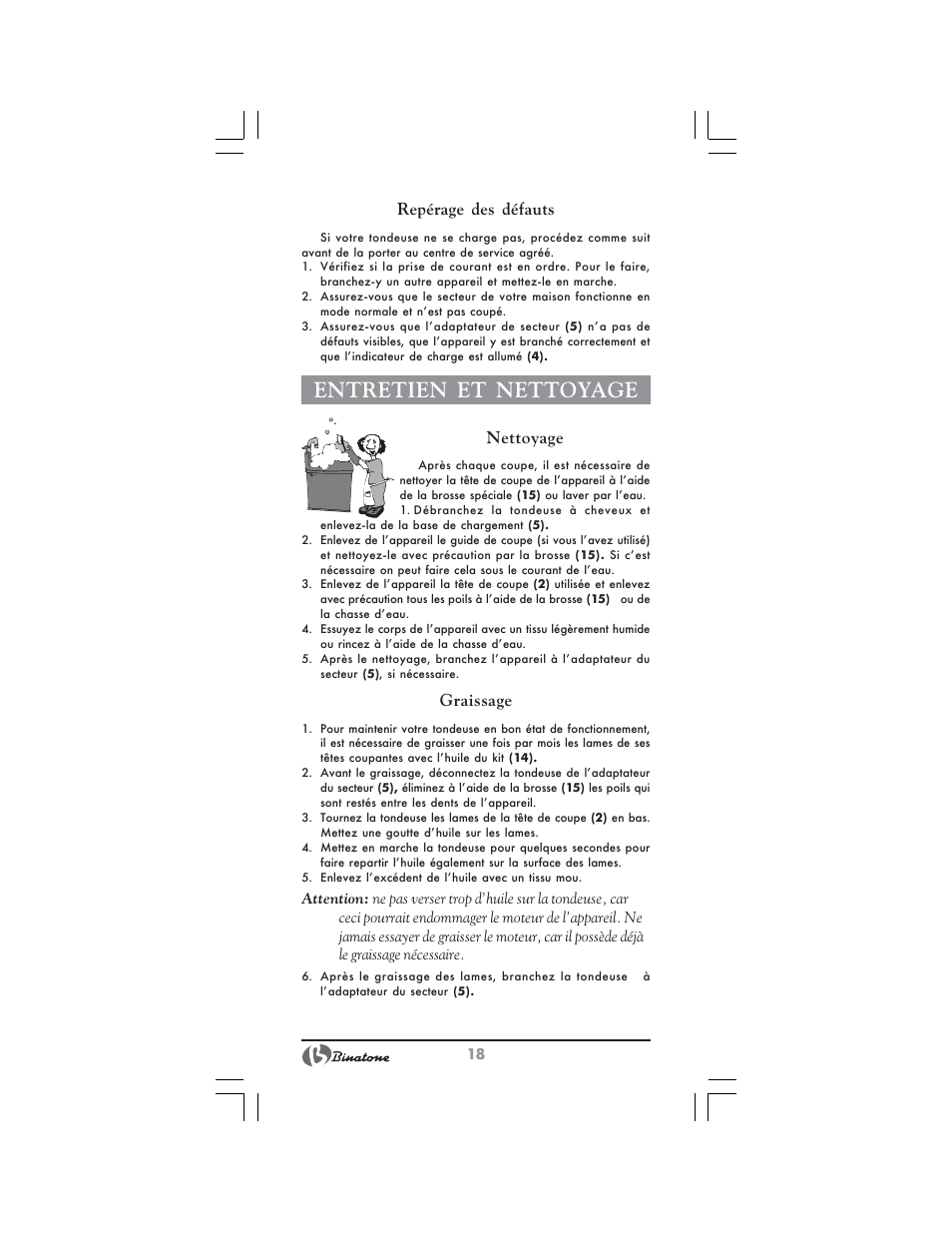Entretien et nettoyage, Repérage des défauts, Nettoyage | Graissage | Binatone HC-430 User Manual | Page 18 / 38