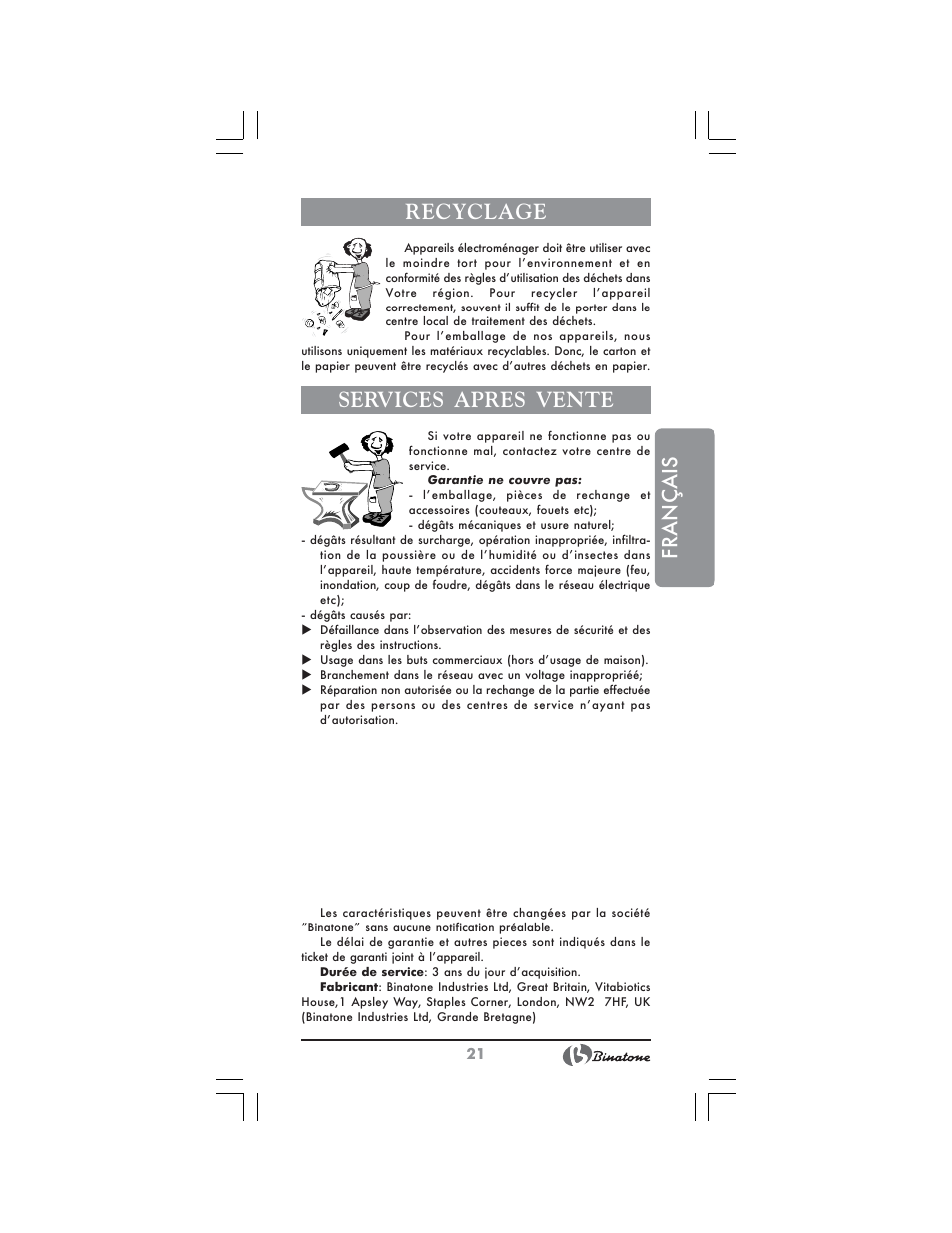 Français, Recyclage, Services apres vente | Binatone HC-430 User Manual | Page 21 / 38