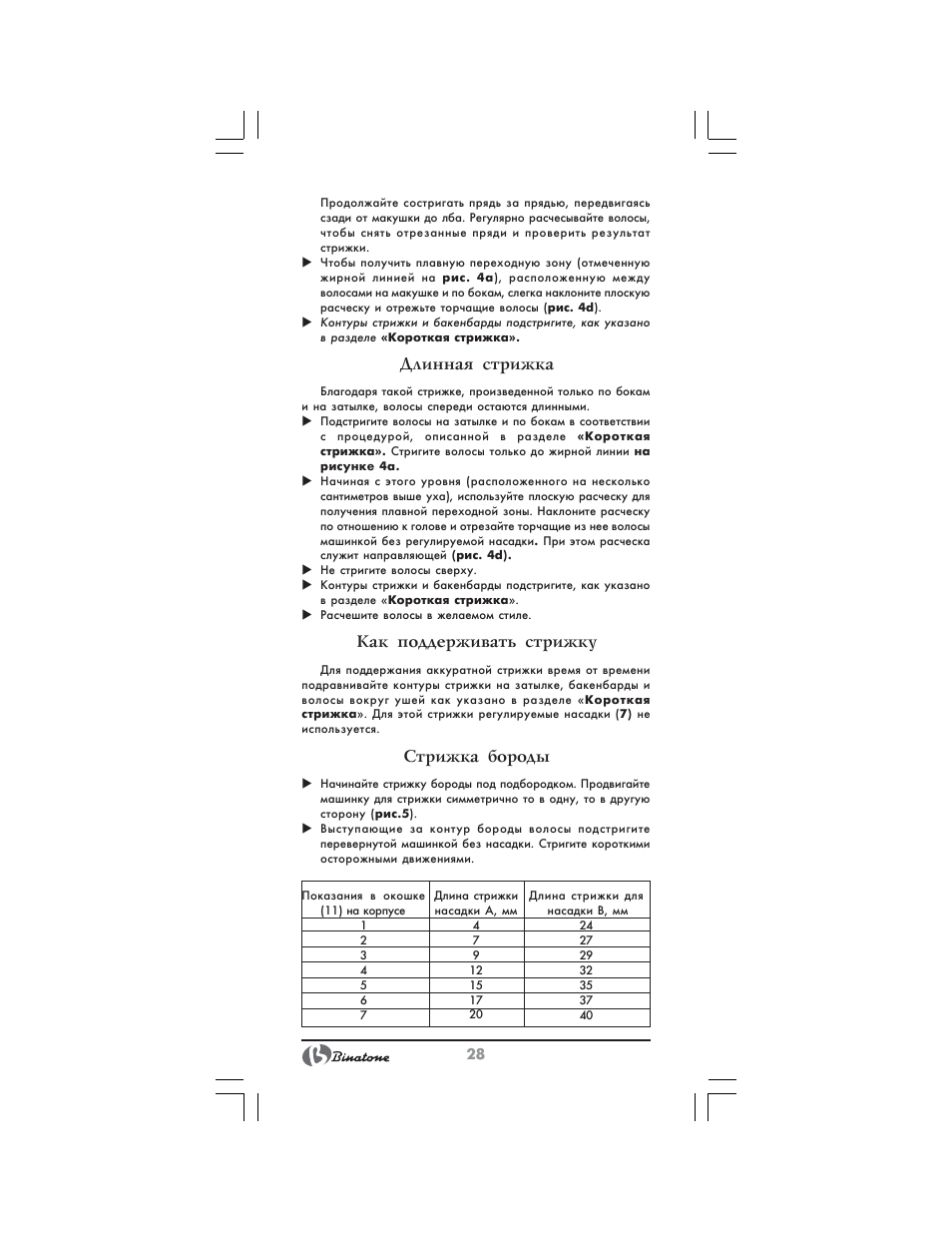 Длинная стрижка, Как поддерживать стрижку, Стрижка бороды | Binatone HC-430 User Manual | Page 28 / 38