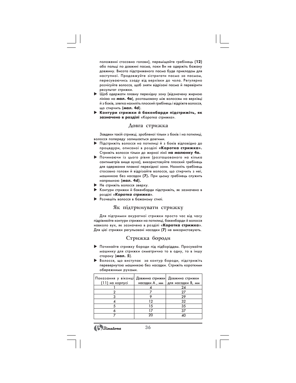 Довга стрижка, Як п³дтримувати стрижку, Стрижка бороди | Binatone HC-430 User Manual | Page 36 / 38