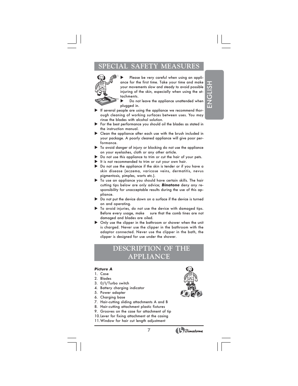 English special safety measures, Description of the appliance | Binatone HC-430 User Manual | Page 7 / 38