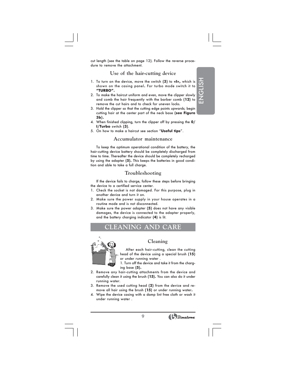 English, Cleaning and care, Use of the hair-cutting device | Accumulator maintenance, Troubleshooting, Cleaning | Binatone HC-430 User Manual | Page 9 / 38