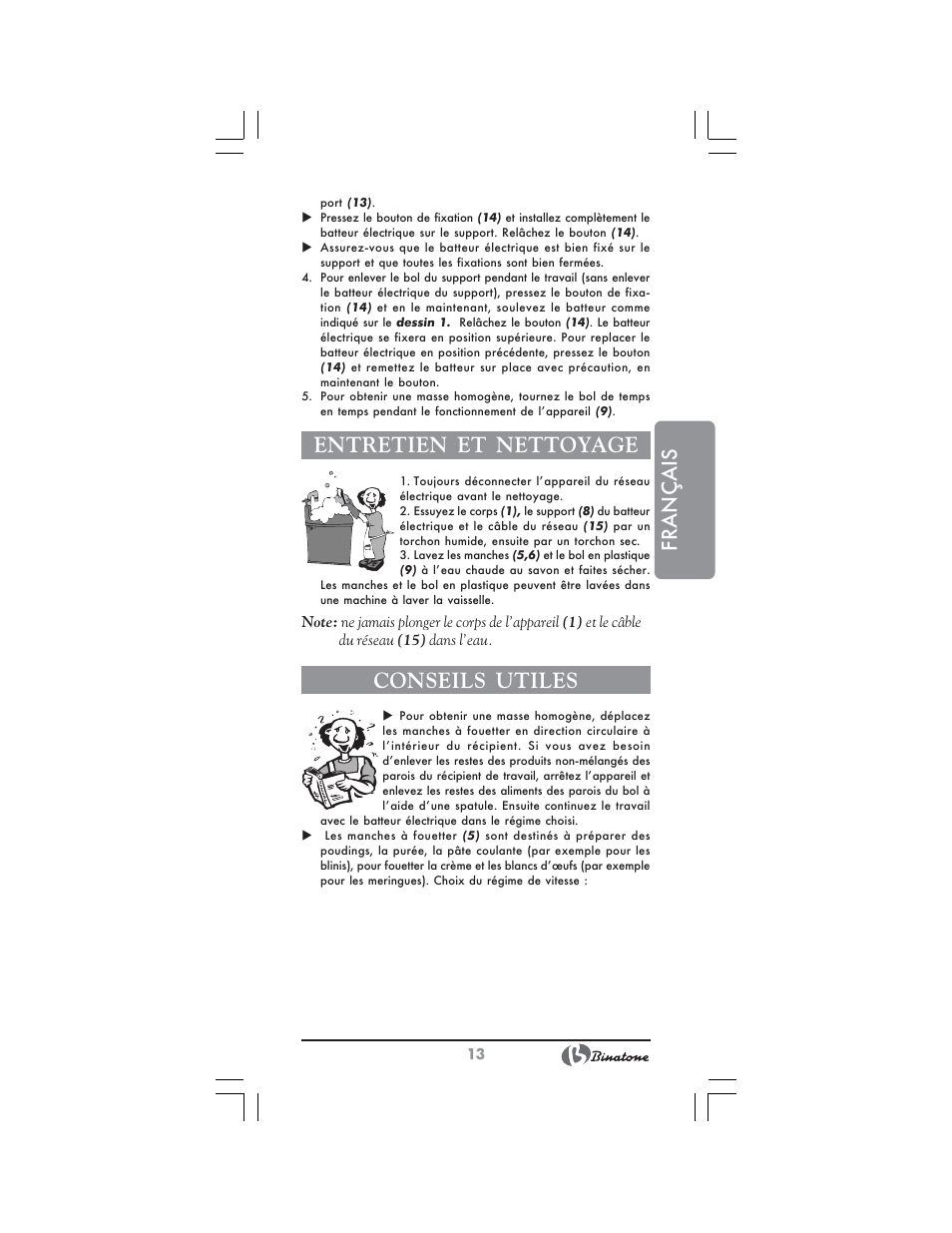 Français, Entretien et nettoyage, Conseils utiles | Binatone HM-155B User Manual | Page 13 / 28