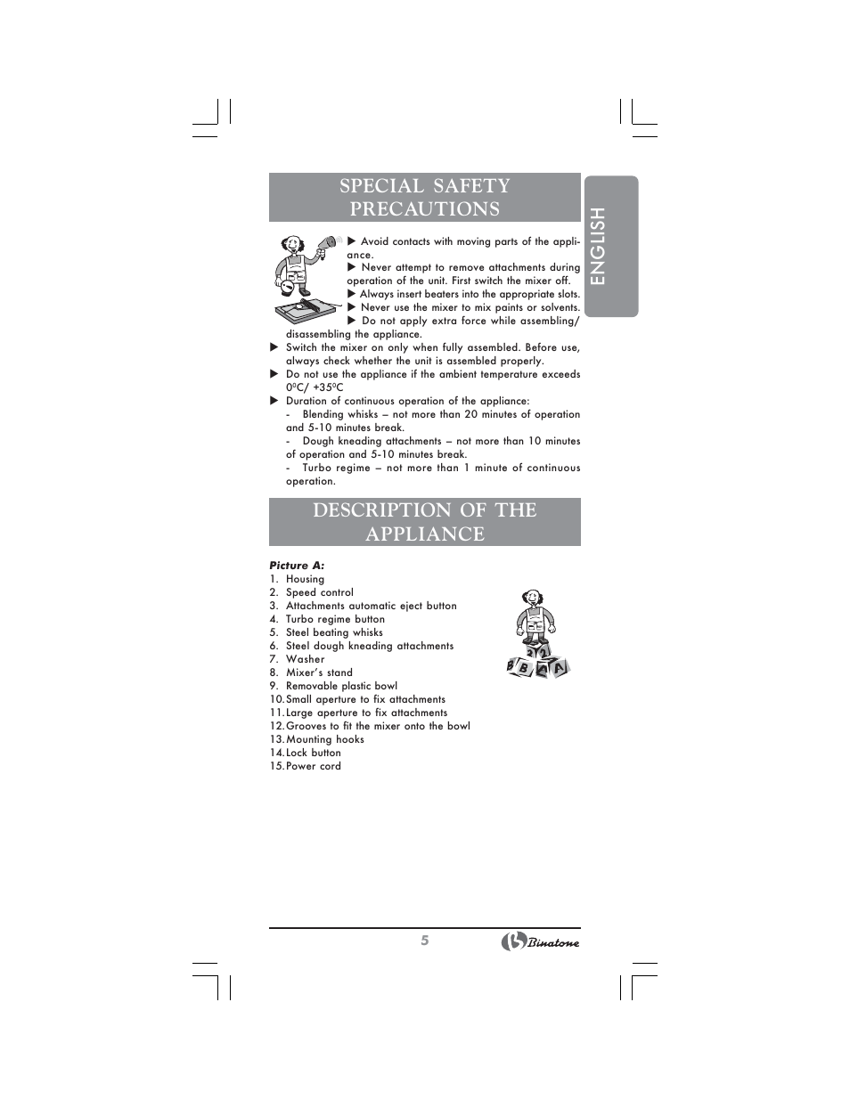 English special safety precautions, Description of the appliance | Binatone HM-155B User Manual | Page 5 / 28