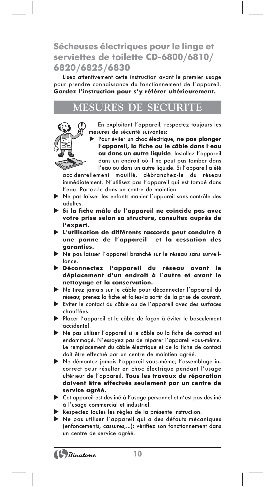 Mesures de securite | Binatone CD-6800 User Manual | Page 10 / 28