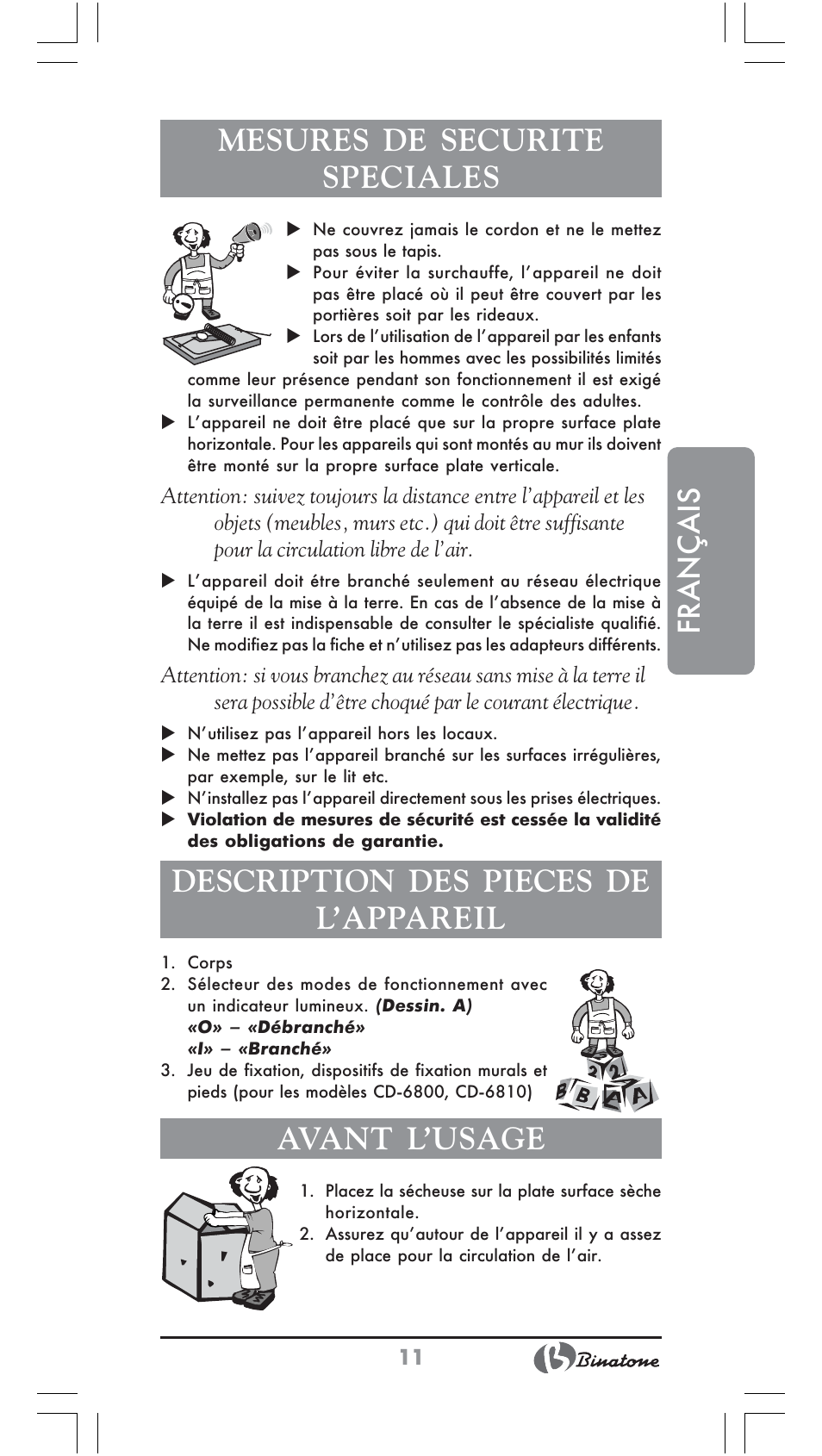 Français mesures de securite speciales, Description des pieces de l’appareil, Avant l’usage | Binatone CD-6800 User Manual | Page 11 / 28