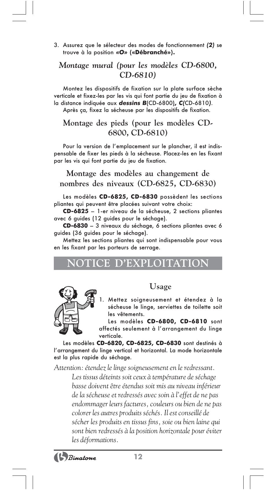 Notice d’exploitation, Usage | Binatone CD-6800 User Manual | Page 12 / 28