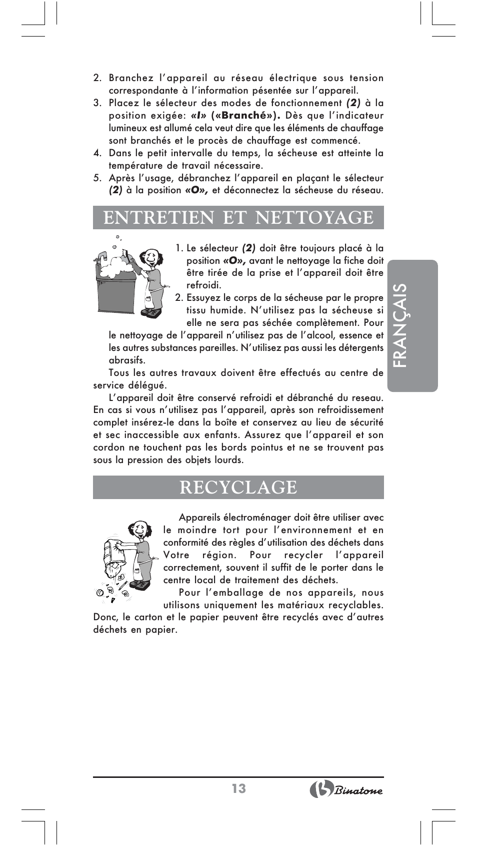 Français, Entretien et nettoyage, Recyclage | Binatone CD-6800 User Manual | Page 13 / 28