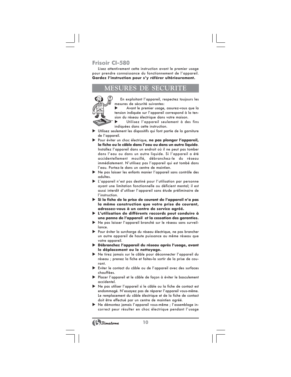 Mesures de securite, Frisoir ci-580 | Binatone CI-580 User Manual | Page 10 / 28