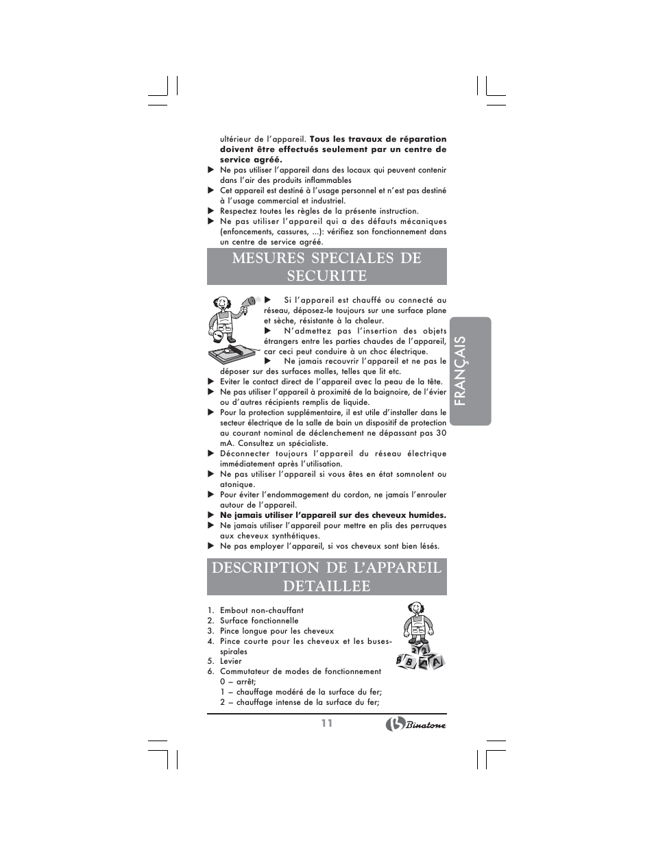 Français, Mesures speciales de securite, Description de l’appareil detaillee | Binatone CI-580 User Manual | Page 11 / 28