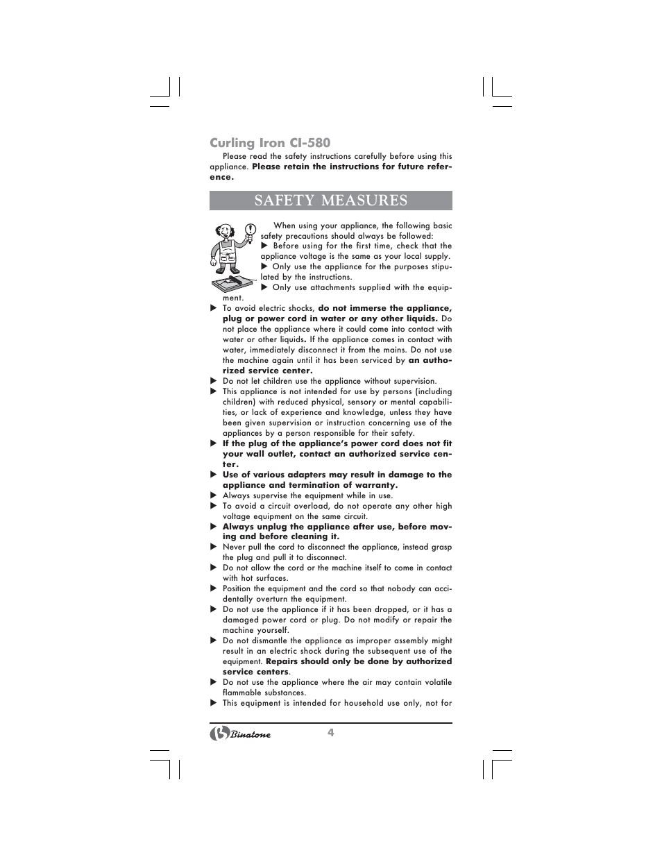 Safety measures, Curling iron ci 580 | Binatone CI-580 User Manual | Page 4 / 28