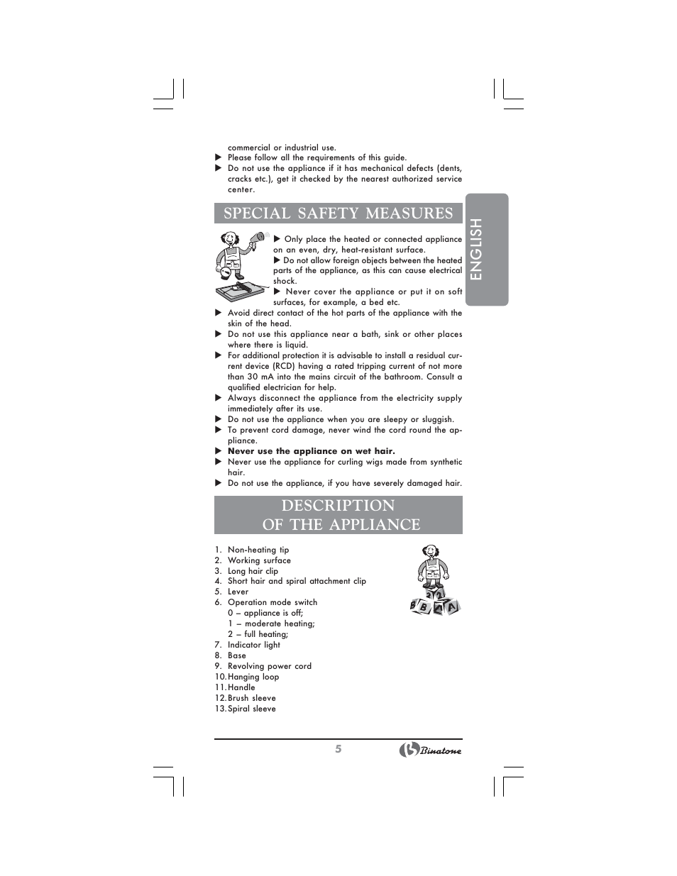 English, Special safety measures, Description of the appliance | Binatone CI-580 User Manual | Page 5 / 28