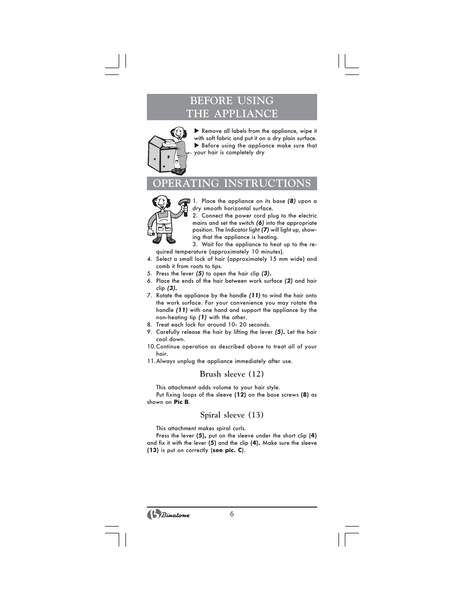 Before using the appliance, Operating instructions | Binatone CI-580 User Manual | Page 6 / 28