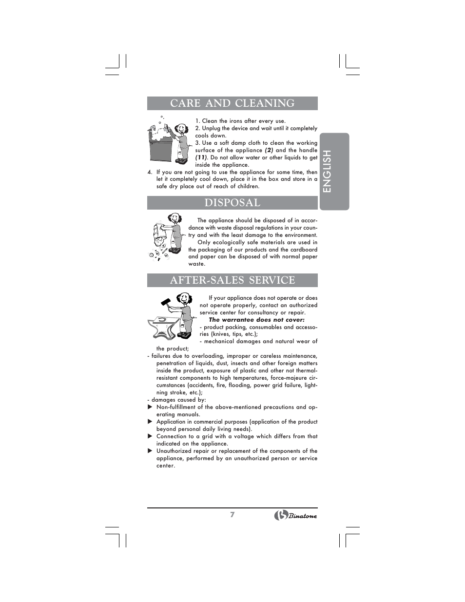 English care and cleaning, Disposal, After-sales service | Binatone CI-580 User Manual | Page 7 / 28