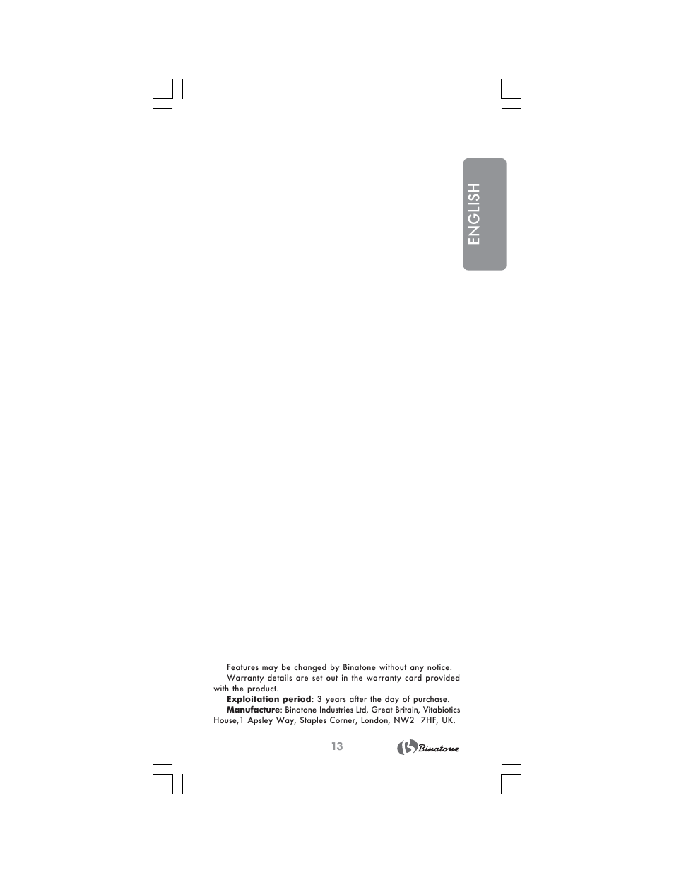 English | Binatone HC-403 User Manual | Page 13 / 40
