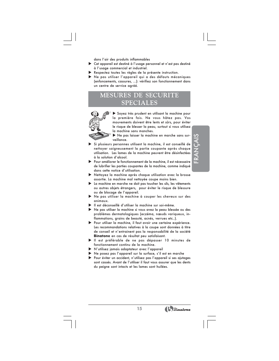 Français, Mesures de securite speciales | Binatone HC-403 User Manual | Page 15 / 40
