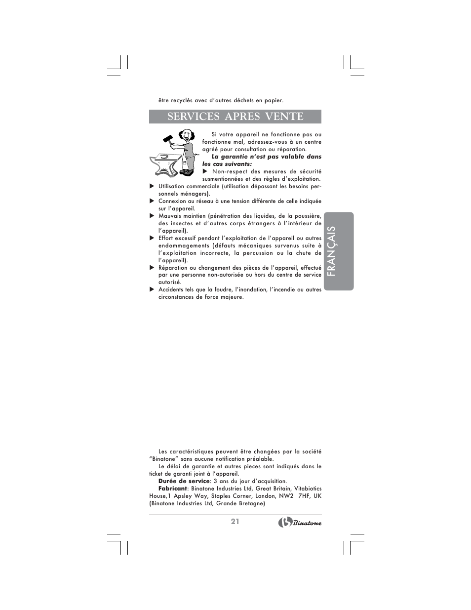 Français, Services apres vente | Binatone HC-403 User Manual | Page 21 / 40